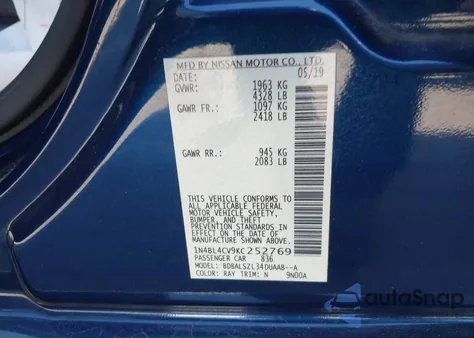 2019 Nissan Altima 2.5 Sr z USA, uszkodzony, nr VIN 1N4BL4CV9KC252769